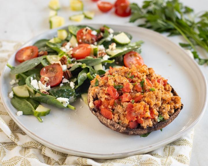 Turkey Stuffed Portobello Mushrooms with Feta, Spinach & Pecan Salad