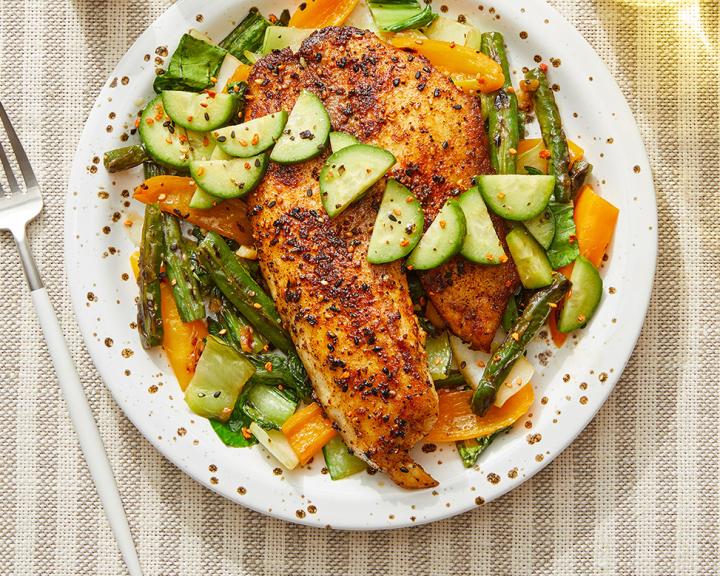 Togarashi Tilapia & Marinated Cucumber with Miso Stir-Fried Vegetables