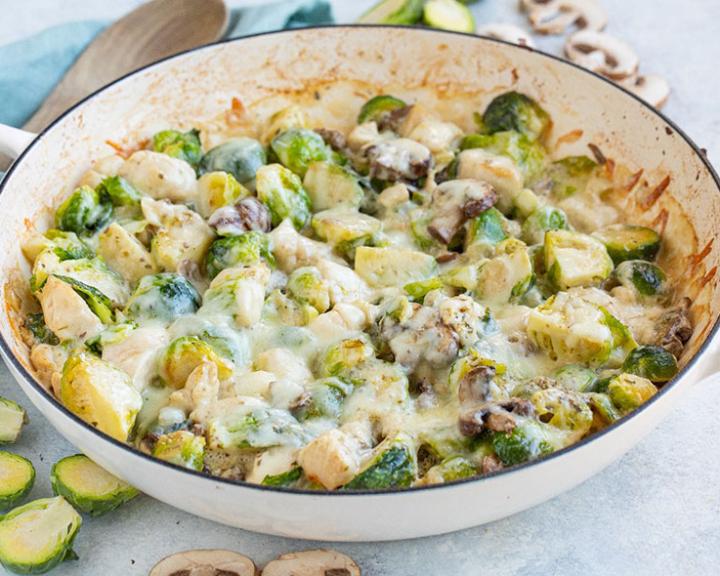 Chicken, Brussel Sprouts & Mushroom Bake