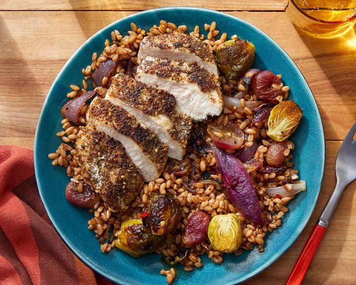 Za’atar Chicken & Farro with Roasted Grapes, Onion & Brussels Sprouts