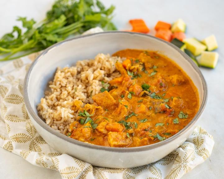 Slow Cooker Butter Chicken with Vegetables on Brown Rice