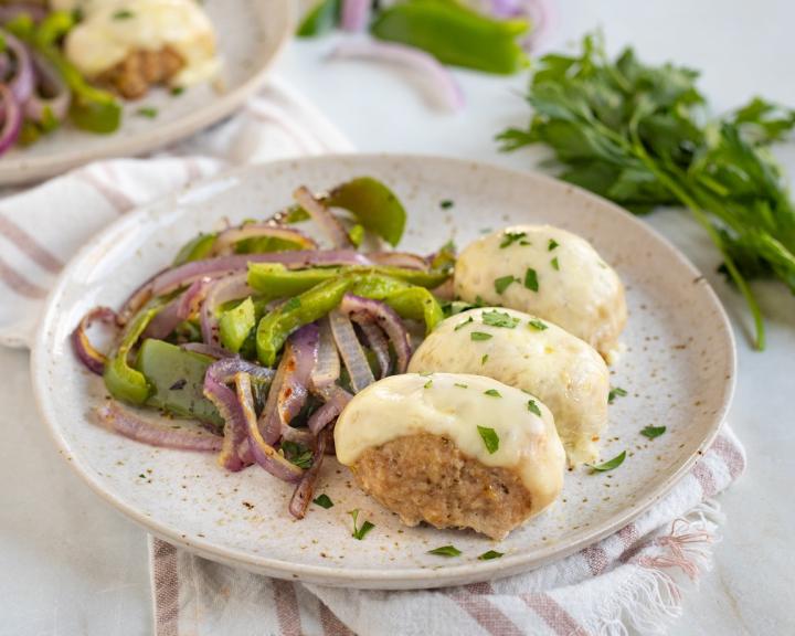 Sheet Pan Cheesy Mini Meatloaves with Bell Peppers & Onions