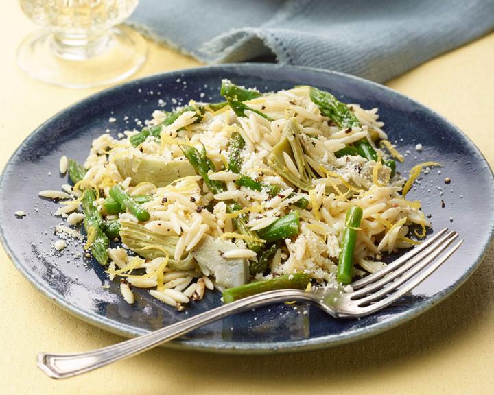 Orzo with Lemon, Artichokes, and Asparagus