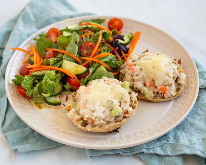 Tuna Salad Melt on Whole Grain English Muffin with Side Salad